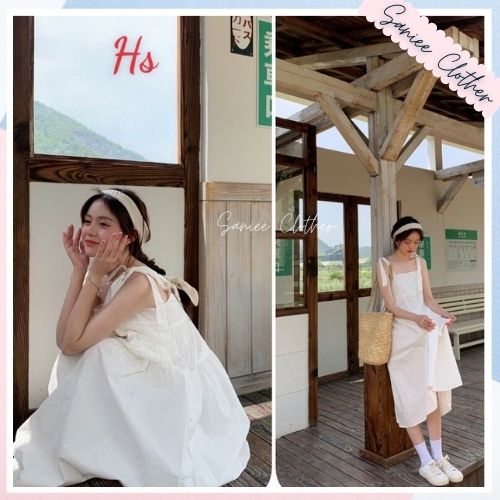 Váy 2 dây nơ đầm babydoll nữ chất đũi mềm phù hợp đi biển Sanniee Clother