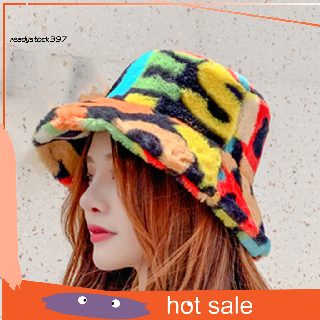 Re Multicolor Number Print Fishman Bucket Basin Hat Winter Outdoor Plush Warm Cap