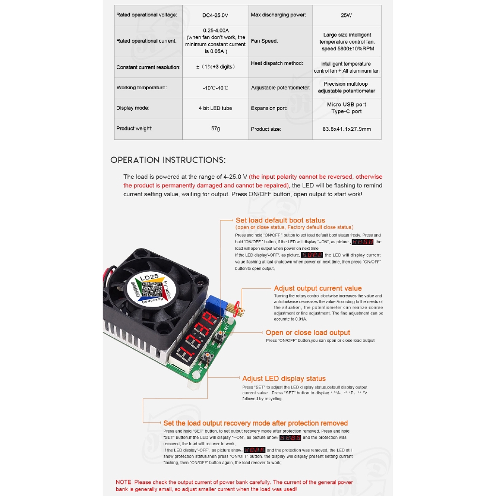 【READY STOCK】Kiểm tra giao diện USB Điện trở tải Điện tử Kiểm tra LD25 Pin xả 25W Tester