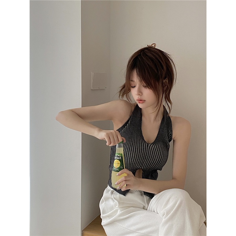 Áo Dệt Kim Cổ Yếm Dáng Ngắn Thời Trang Hàn Quốc Quyến Rũ Cho Nữ