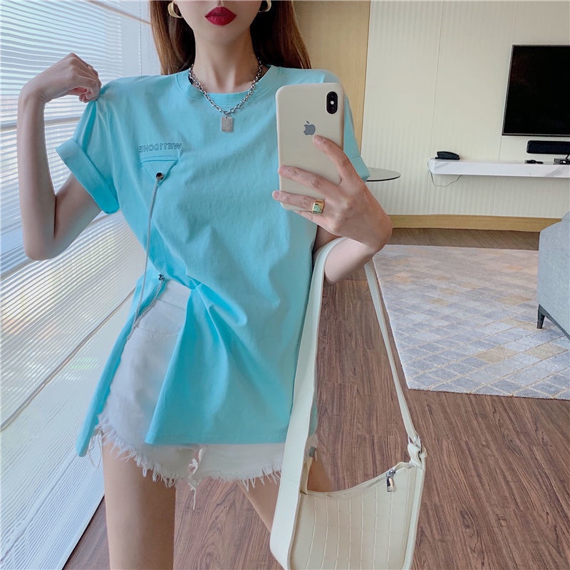 Áo Thun Cotton Trơn Dáng Rộng Xẻ Tà Phối Dây Xích Thời Trang Mùa Hè Dành Cho Nữ 2022