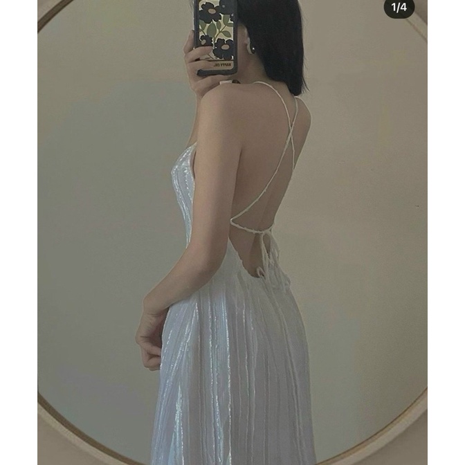 ❤❤️Đầm midi xanh cổ yếm cutout lưng❤️