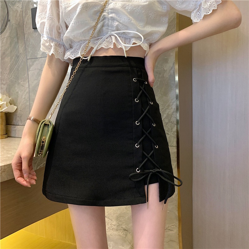 Chân váy ngắn chữ a lưng cao phối dây hông phong cách Hàn Quốc hàng quảng châu