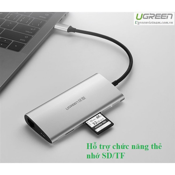 Thiết bị mở rộng USB type-C sang HDMI/Ethernet/Hub USB 3.0/Card SD/TF Ugreen 50516 màu bạc cao cấp