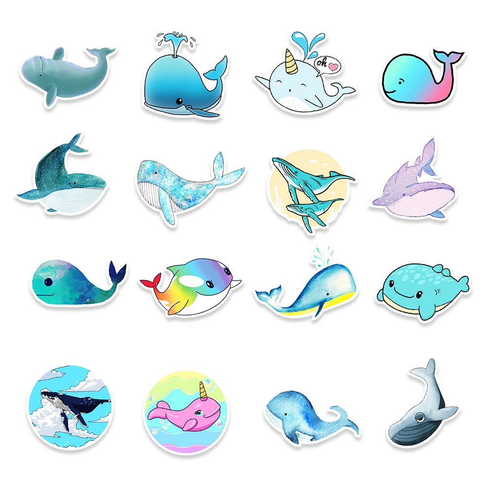 Set 20 sticker hình dán cá voi xanh, ếch xanh chống nước dán sổ tay, mũ bảo hiểm, xe máy, bình nước, vali, ván trượ