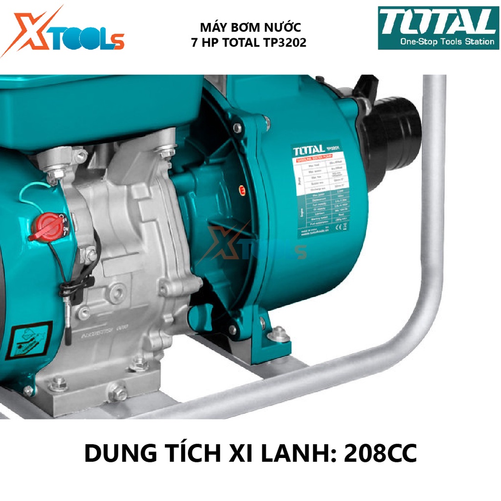 Máy bơm nước chạy xăng TOTAL TP3202 máy bơm dùng xăng Chiều cao bơm tối đa 28 m, Độ hút sâu tối đa 8m, Dung tích xi lanh