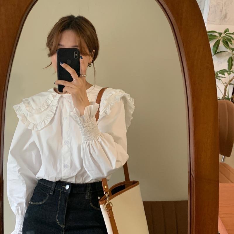 Áo sơ mi tắng cổ bèo tay bo