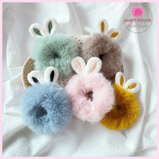 Dây Buộc Tóc Scrunchies Bằng Vải Lông Hình Tai Thỏ Dễ Thương