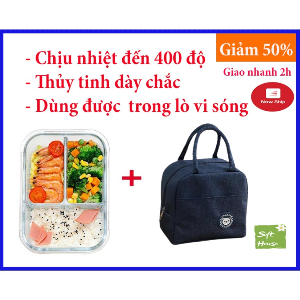 Hộp 2 ngăn, 3 ngăn thủy tinh dung tích 1000ml kèm túi đựng mang đi làm, đi chơi