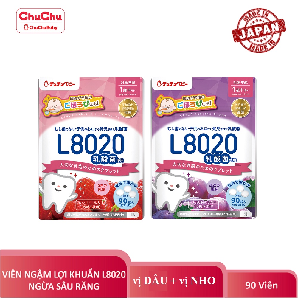 Viên ngậm lợi khuẩn L8020 Chuchu Baby vị Dâu, Nho gói 90 viên chính hãng [Chuchu Baby]