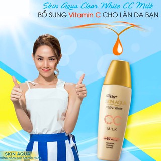 Sunplay Skin Aqua Clear White CC Milk SPF50+, PA++++: Sữa chống nắng tạo nền trắng mịn