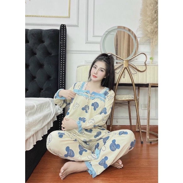 Bộ đồ bà bầu dài tay chất đũi thu đông mặc nhà cổ vuông Bvuong355