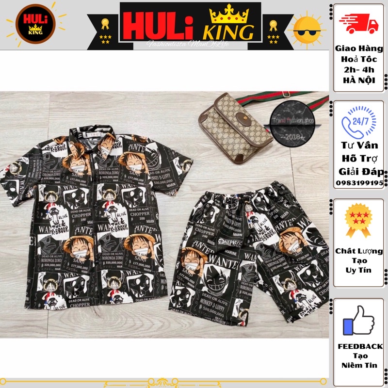 Bộ Đồ Cộc Pyjama Nam Nữ Vải Lụa Luffy , Bộ đồ ngủ nam nữ họa tiết Luffy cao cấp HULikKing4118