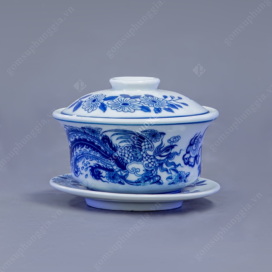 Bát nước họa tiết RỒNG men Lam Trắng Trơn, đồ thờ cúng Phùng Gia - Gốm sứ Bát Tràng cao cấp