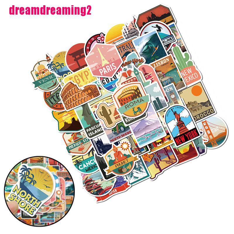 Set 50 Miếng Dán Trang Trí Chống Thấm Nước Hình Phong Cảnh Thành Phố