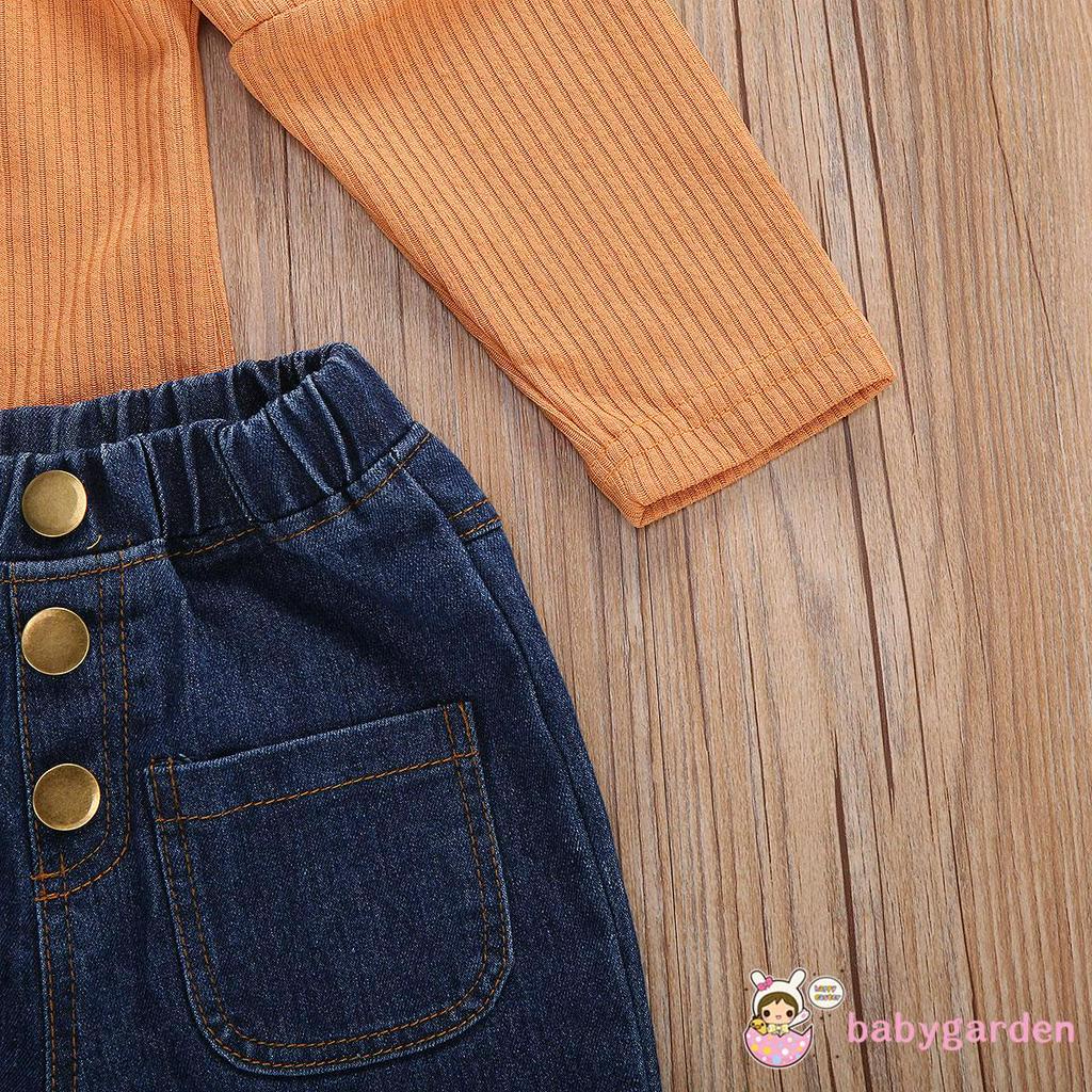 Set Áo Trễ Vai Và Quần Jeans Ống Loe Thời Trang Cho Bé Gái