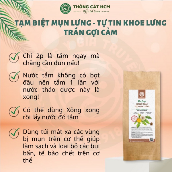 Thảo dược xông tắm chăm sóc cơ thể, sạch mụn lưng, lỗ chân lông, mụn trứng cá, dưỡng trắng da hiệu quả - Thông Cát HCM