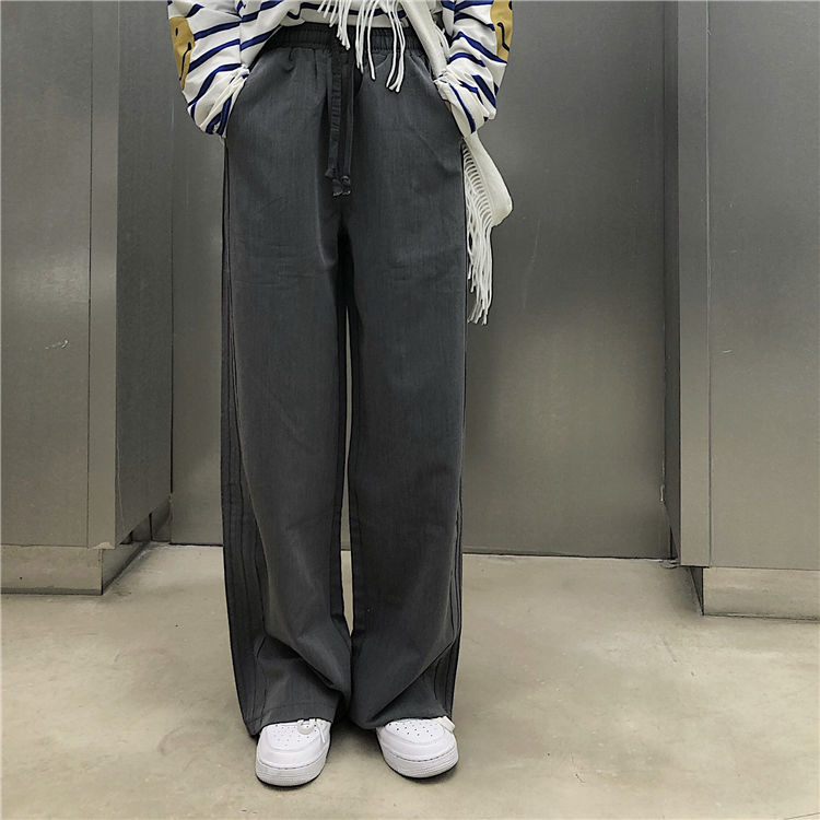 Casual sports pants women's Harajuku style new loose high waist drape frayed mopping pants autumn straight wide leg pants trend