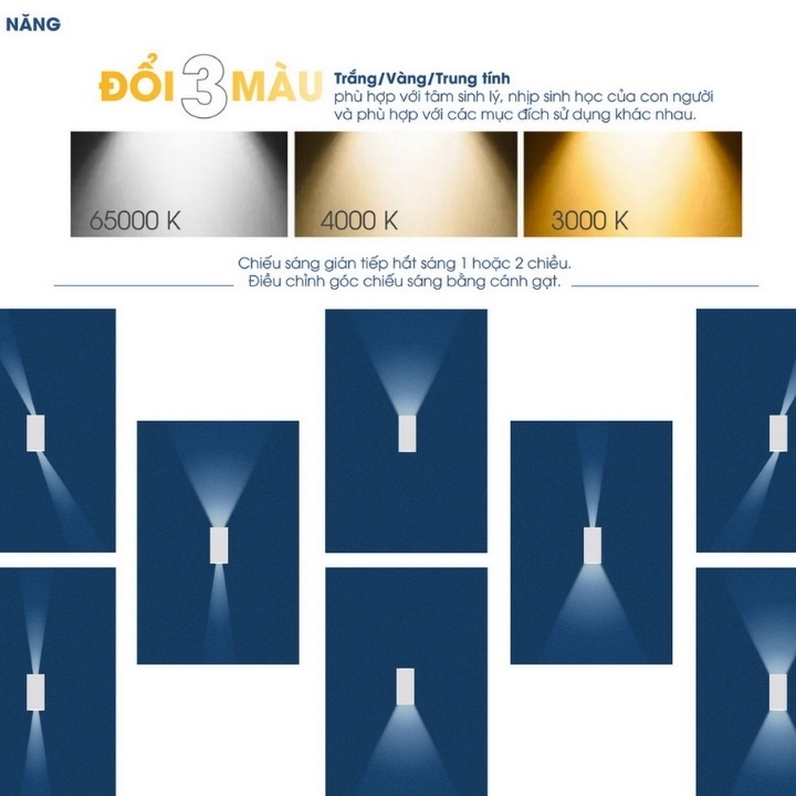 Đèn LED gắn tường Rạng Đông 6W đổi màu, sáng hai đầu, đa phong cách, có thể tuỳ chỉnh góc chiếu LN18v2ĐM