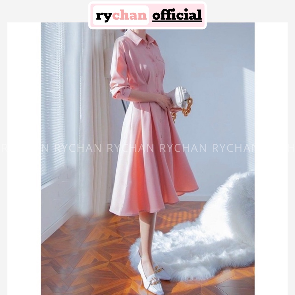 [ẢNH THẬT CUỐI] Đầm Nữ Công Sở Sơ Mi Hồng Xếp Li Eo Tay Lửng Form Xòe Thanh Lịch Màu Hồng - DX9701