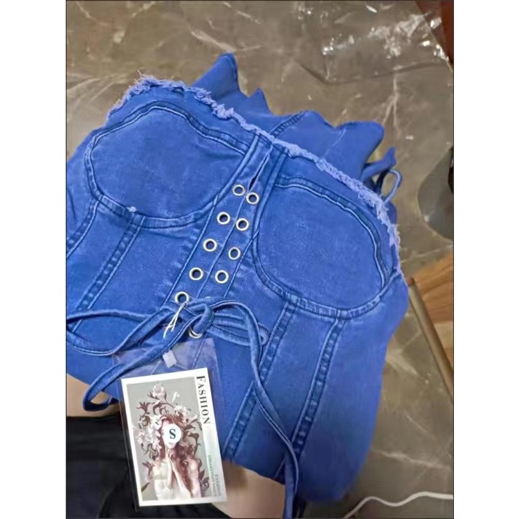 Đầm denim hai dây thiết kế cột dây phong cách Hàn Quốc thời trang cho nữ