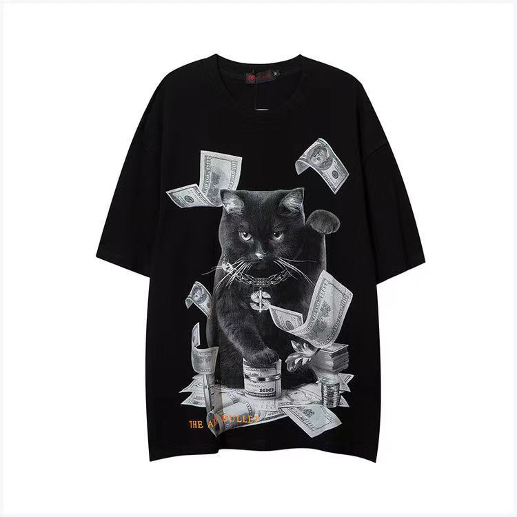 Áo Thun Tay Lỡ Dáng Rộng In Hình Mèo May Mắn Phong Cách Hip Hop Đường Phố Âu Mỹ Cho Cặp Đôi