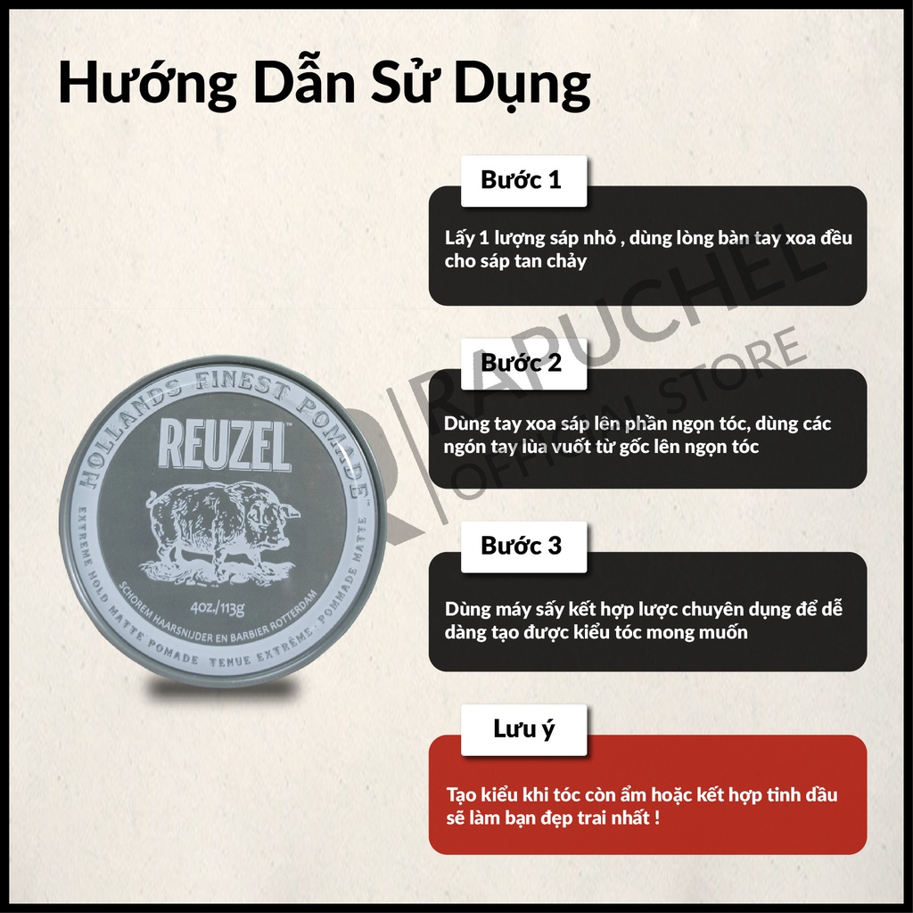 Sáp vuốt tóc nam pomade Reuzel Extreme Hold Matte xám chính hãng giữ nếp cao cấp Rapuchel Store RH01