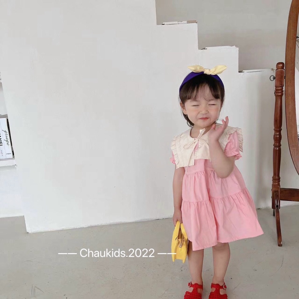 Váy xòe cổ bèo bé gái, váy babydoll 3 tầng cổ bèo trắng cột nơ cho bé gái