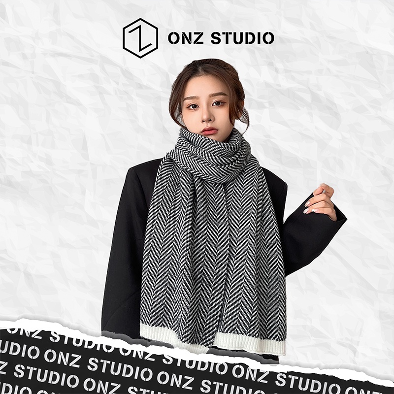 Khăn quàng cổ ONZ Studio vải len Cashmere - Khăn choàng cổ len nam nữ hoạ tiết xương cá chất liệu mềm mịn KXC01