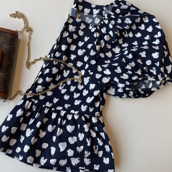 Áo BH tay phồng cổ vuông in họa tiết trái tim kiểu dáng thời trang phong cách retro Pháp dành cho nữ
