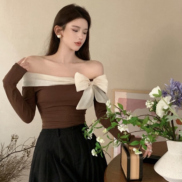 Áo Thun Tay Dài Hở Vai Dáng Ôm Co Giãn Phong Cách Hàn Quốc Quyến Rũ