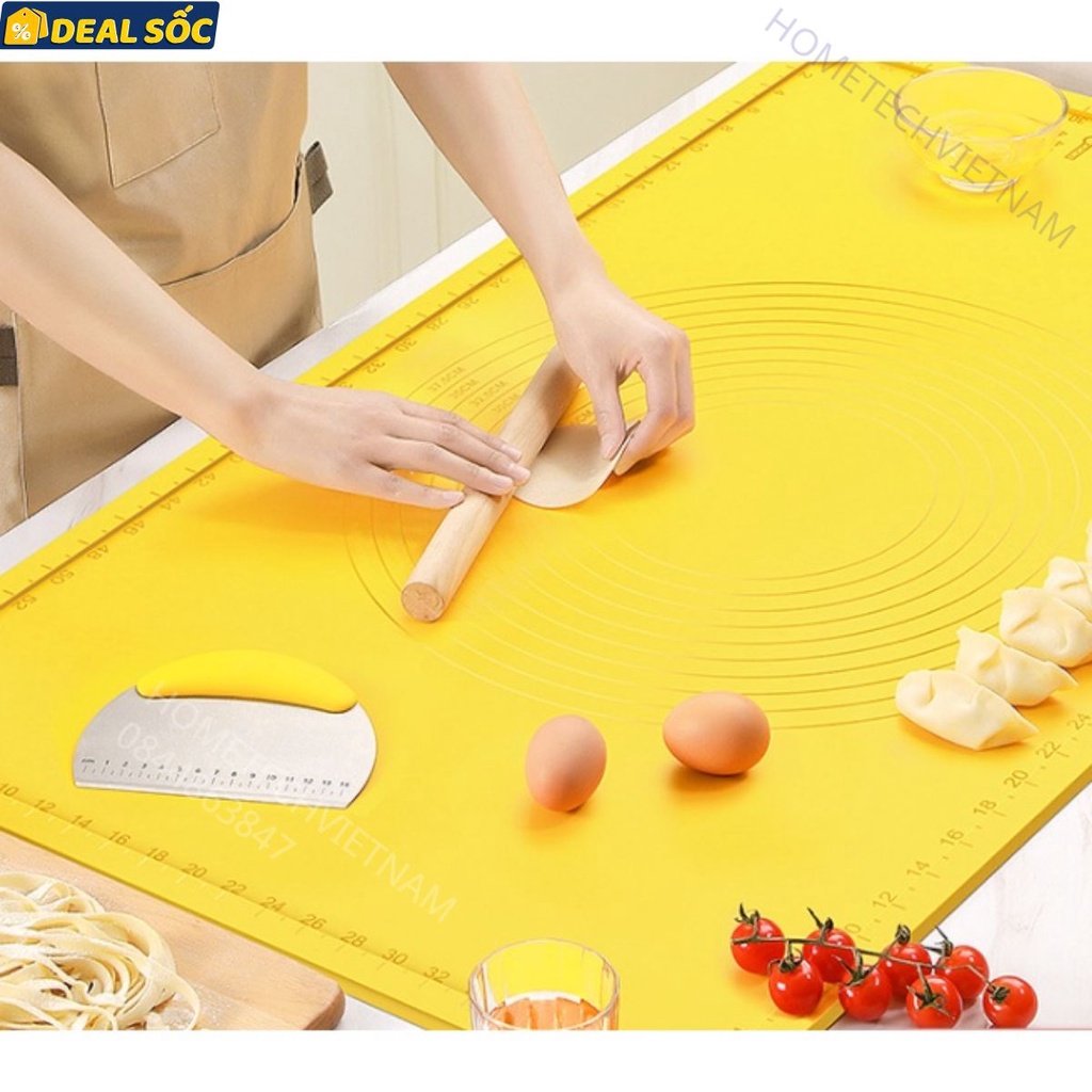 Thảm Nhào Bột Silicone Cao Cấp Tặng Kèm Cán Gỗ + Dao + Chổi + Túi Đựng - Tấm Nhào Bột Làm Bánh