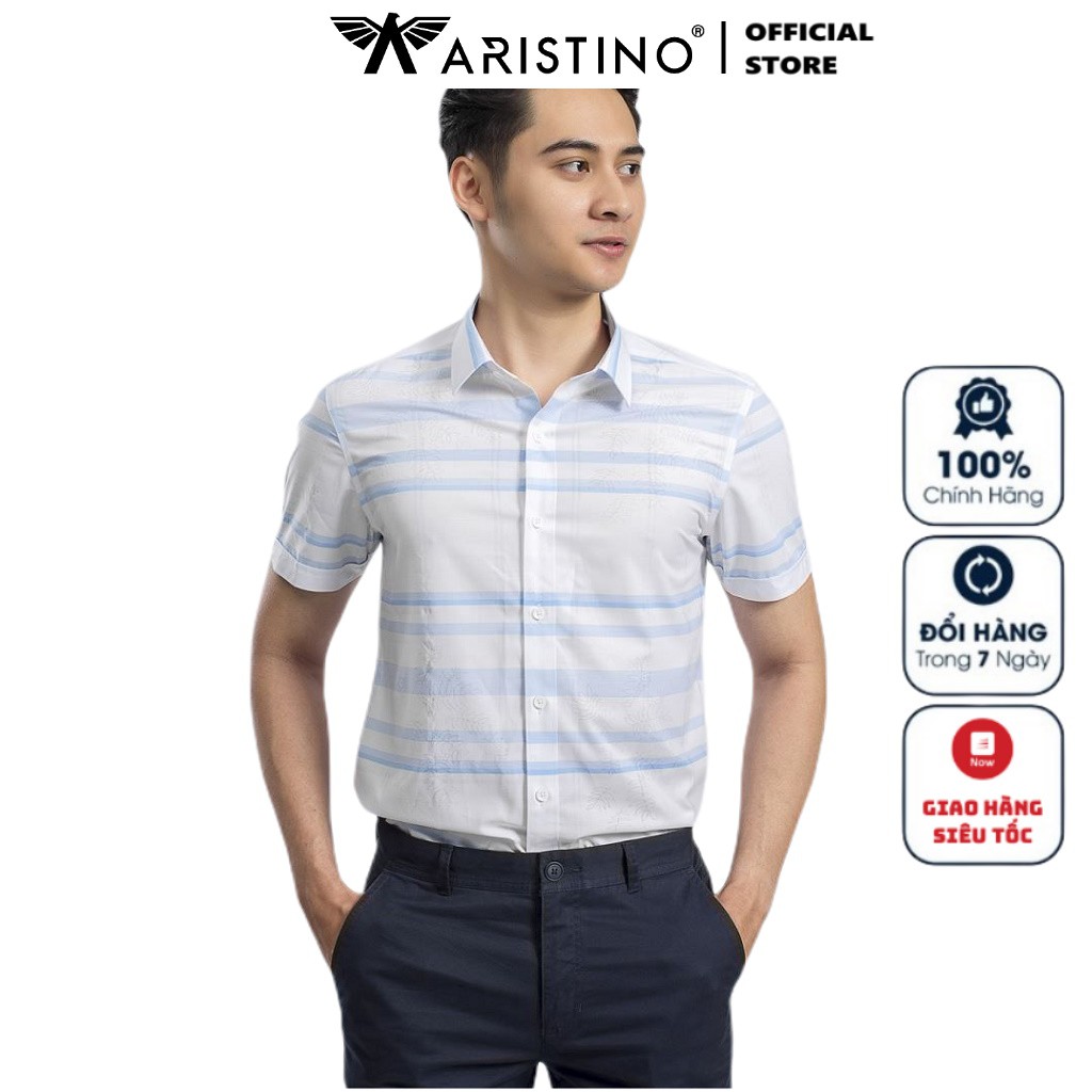 Áo Sơ Mi Nam Tay Ngắn Aristino ASS049S9 Màu Trắng Kẻ Ngang Xanh Da Trời Dáng Slim Fit Tà Lượn Vải Sợi Sồi