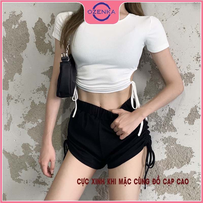 Áo croptop ôm hở eo nữ OZENKA , crt cộc tay sexy thun gân 100% cotton free size dưới 52 kg mặc đi chơi màu đen trắng
