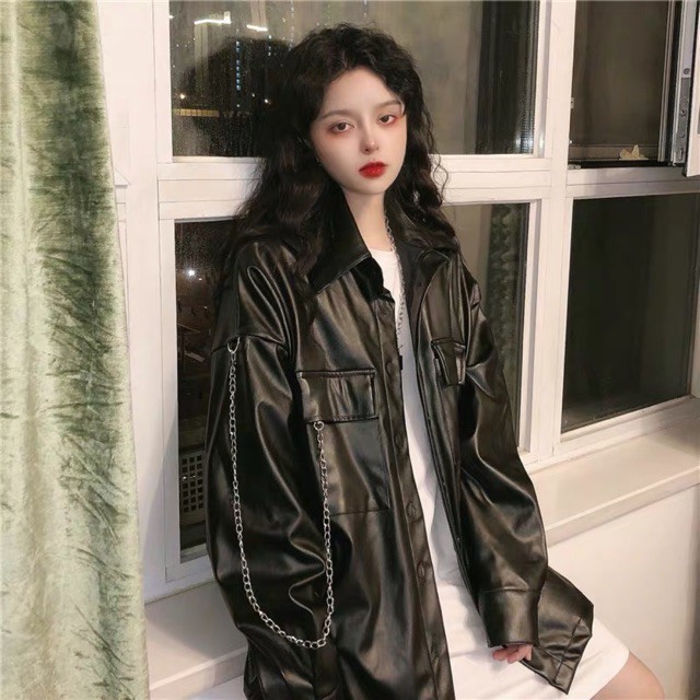 Sẵn Size L Sơ mi khoác nữ da pu có kèm dây xích NewlifeShop