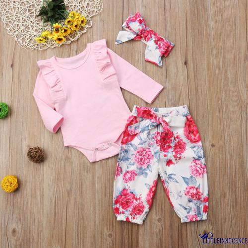 ❤XZQ-Hot Newborn Baby Girls Pink Tops Romper Floral Pants 3Pcs Outfits Set 0-18M