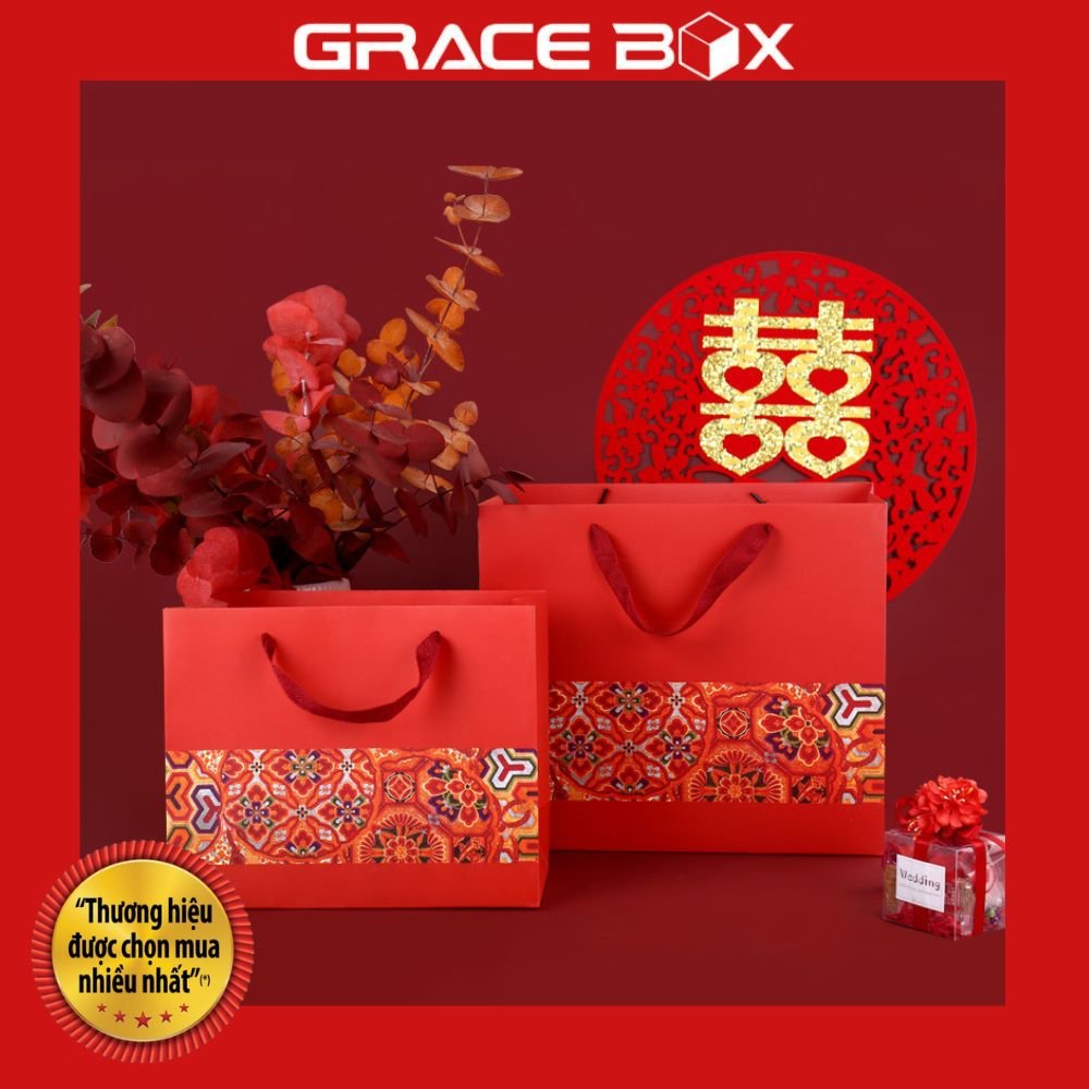 Túi Giấy Quà Tặng Màu Đỏ Các Dịp Lễ Tết - Hoa Văn Lễ Hội Ngũ Sắc May Mắn - Siêu Thị Bao Bì Grace Box