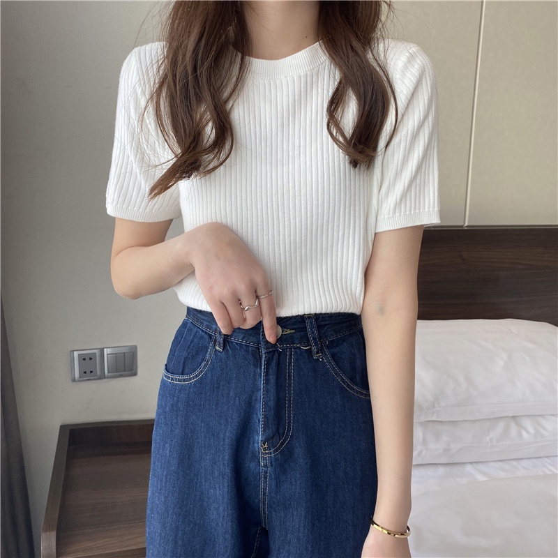 Áo len đũa CỘC TAY cổ tròn kiểu dáng bassic