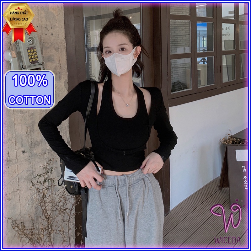 Áo croptop tay dài tôn ngực ôm body đẹp , áo thun kiểu xinh chất len tăm cotton 2 màu đen trắng Wiceda TN410