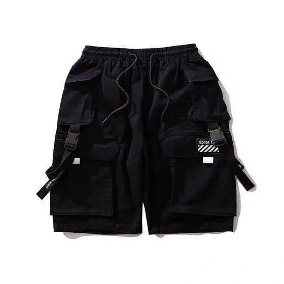 ⚡️ VẢI ĐẸP - ẢNH THẬT ⚡️ Quần short Túi Hộp Pant phản quang phối dây Unisex, QUẦN ĐÙI LỮNG NAM NỮ CHẤT KAKI ĐEN