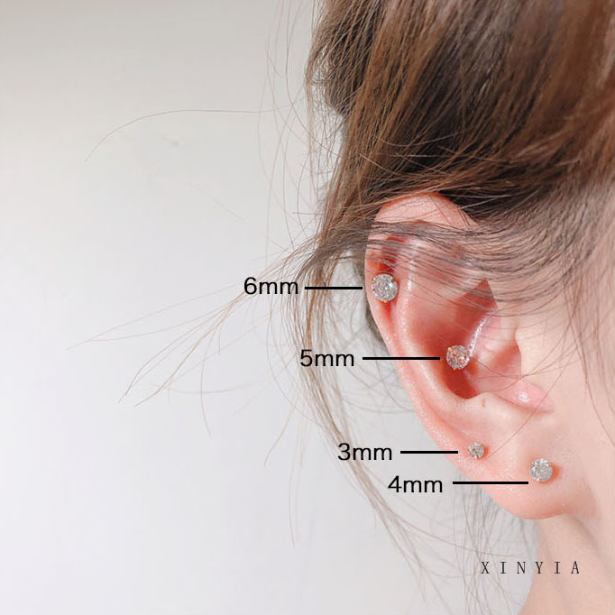 Khuyên Tai Thép Không Gỉ 3 Ngạnh Đính Đá Zircon Mini Đơn Giản Thời Trang