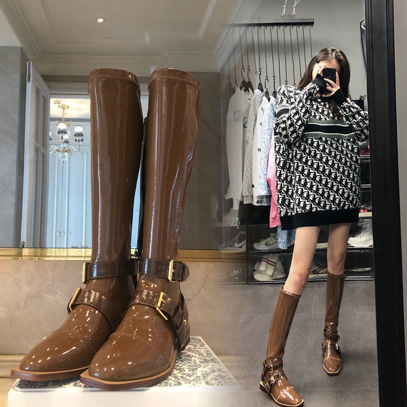 Giày Boots da bóng thời trang mùa xuân cá tính 2021❤Giày bốt mũi nhọn thiết kế mới thời trang dành cho mùa thu❤Giày bốt cổ cao đế bằng phối khóa kéo sau lưng cá tính❤Giày bốt thời trang cá tính trẻ trung