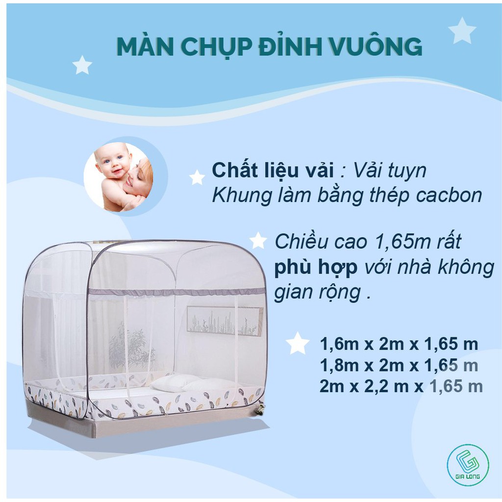 Màn chụp đỉnh vuông, mùng chụp tự bung đỉnh vuông, màn chụp tự bung cao cấp Gia Long