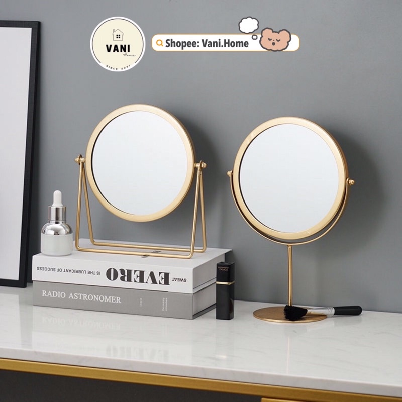 Gương trang điểm để bàn viền mạ vàng xoay 360 độ - Gương soi cao cấp, gương decor để bàn trang điểm mạ vàng sang trọng