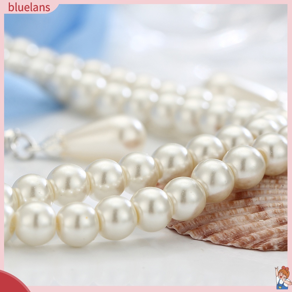 Bộ Vòng cổ + Bông Tai Đính Đá &amp; Ngọc Trai Nhân Tạo Hình Giọt Nước BLUE2