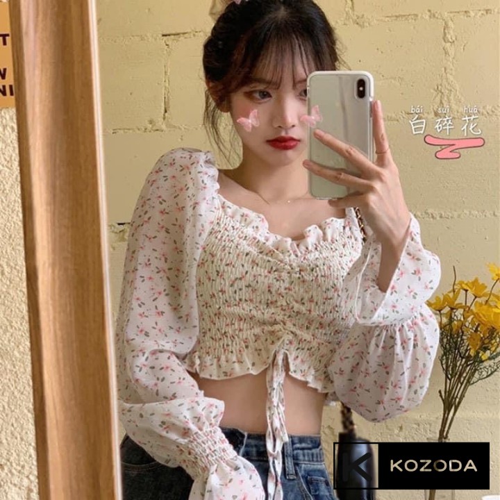 Áo trễ vai hoa nhí hở vai croptop tay dài mặc được 2 kiểu phong cách ulzzang hàn quốc kozoda SM34