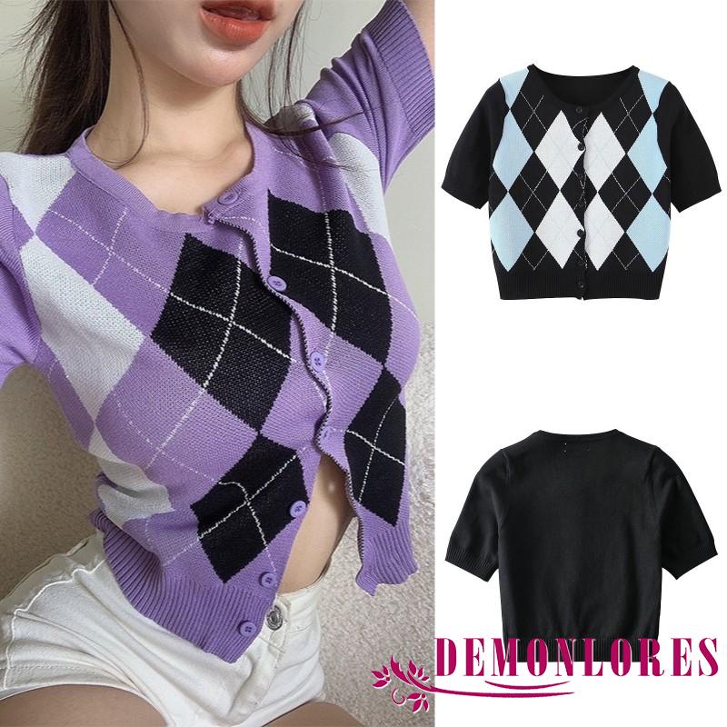 Áo cardigan cổ tròn ngắn tay chất dệt kim cài nút họa tiết đan thoi dành cho nữ