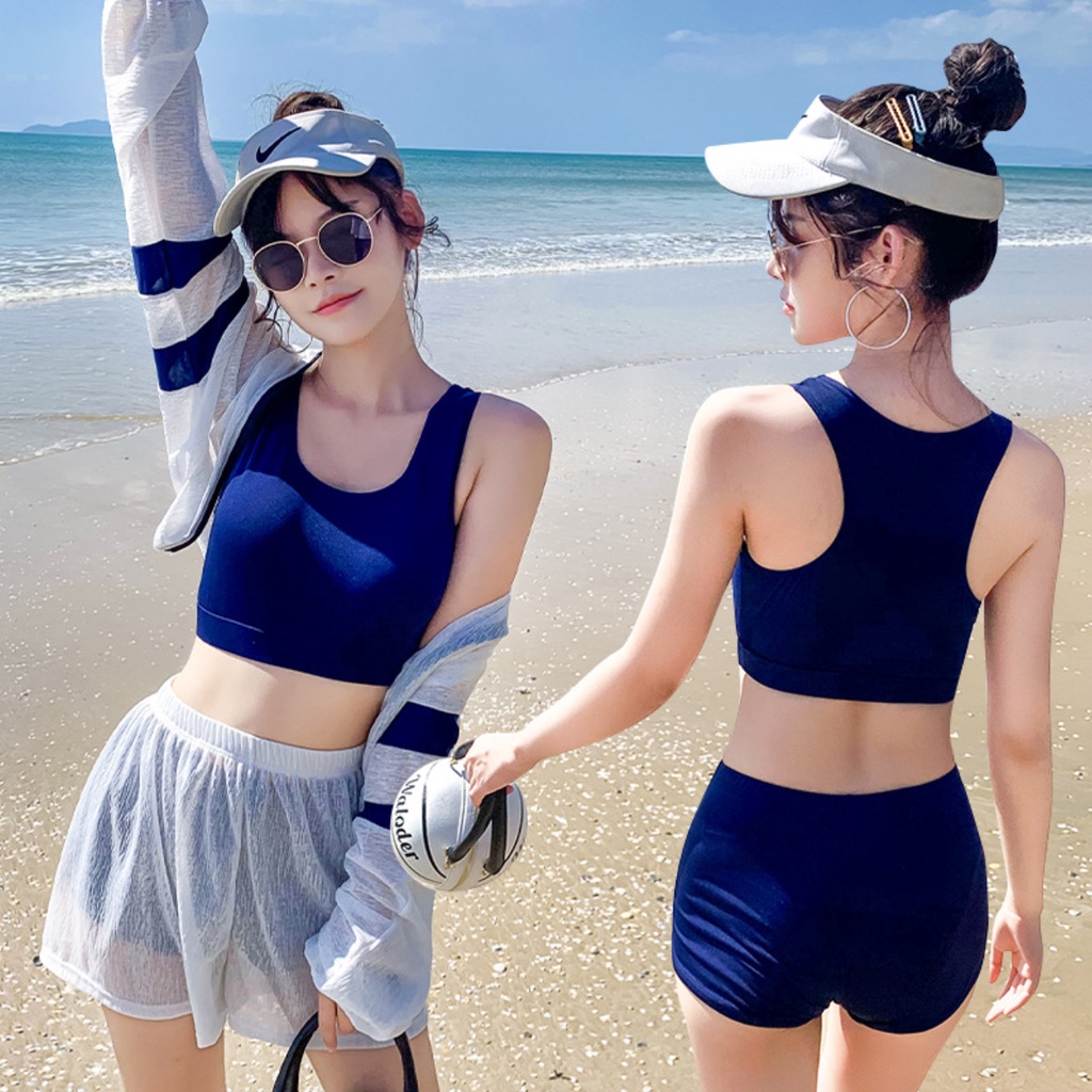 Bộ đồ bơi bikini nữ hai mảnh kín đáo đi tắm biển giấu bụng áo cộc tay quần short