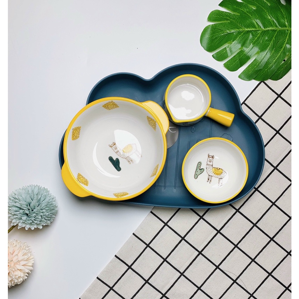 Combo chén bát ăn dặm gốm sứ màu xanh, màu hồng đáng yêu cho bé- Baby Galaxy Official