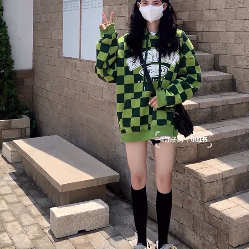 Áo hoodie tay dài form rộng kẻ caro phong cách retro